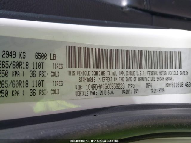 1C4RDHAG5KC659229 Dodge Durango Sxt Plus Rwd