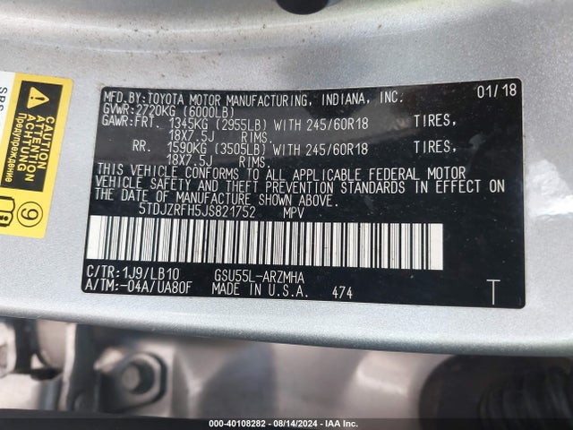 Toyota Highlander Xle 2018 5TDJZRFH5JS821752 Image 9