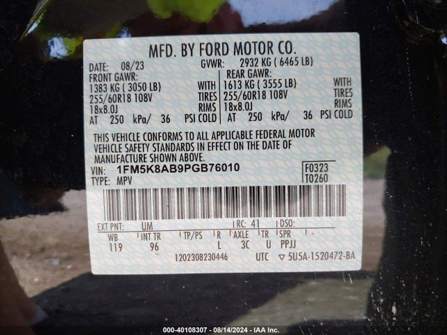 1FM5K8AB9PGB76010 Ford Police Interceptor Utility