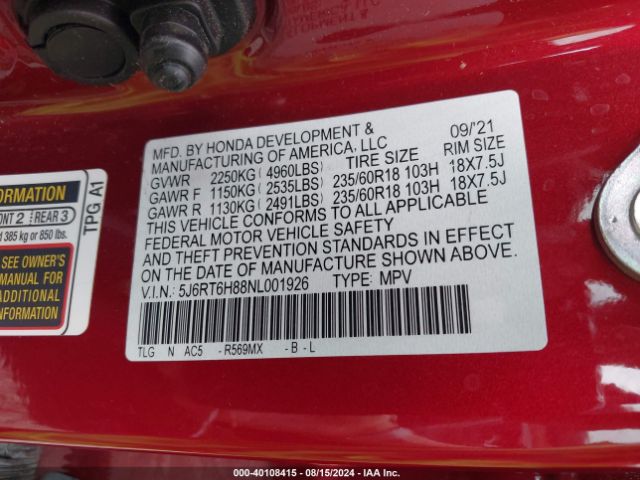 5J6RT6H88NL001926 Honda Cr-v Hybrid Ex-l