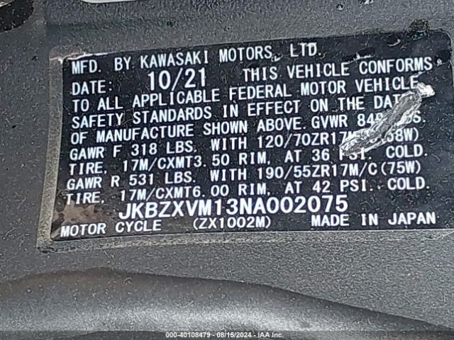 2022 KAWASAKI ZX1002 JKBZXVM13NA002075 Photo 9