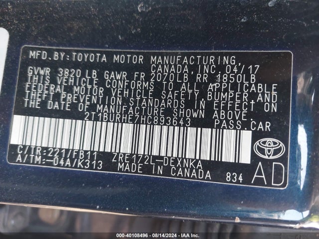 Toyota COROLLA LE 2017 2T1BURHE7HC893643 Image 9