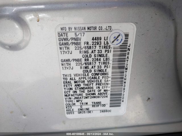 JN8AT2MT2HW397204 Nissan ROGUE SV