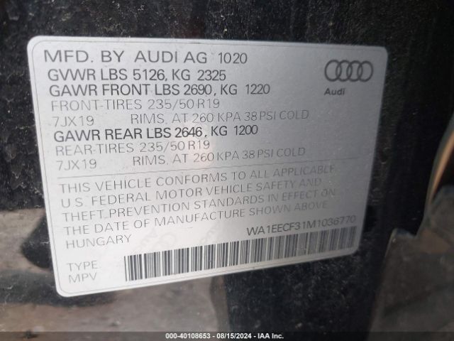 WA1EECF31M1036770 Audi Q3 Premium Plus 45 Tfsi S Line Quattro Tiptronic