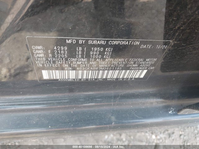 Subaru IMPREZA SEDAN 2021 4S3GKAB63M3601195 Image 9