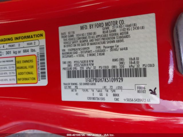 1FATP8UH7K5109929 Ford Mustang Ecoboost Premium