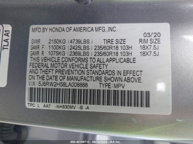 5J6RW2H58LA008888 Honda Cr-v Awd Ex