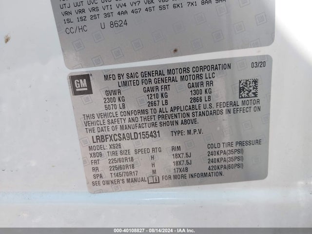 LRBFXCSA9LD155431 Buick Envision Fwd Essence