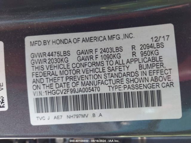 1HGCV2F99JA005470 Honda Accord Touring 2.0t