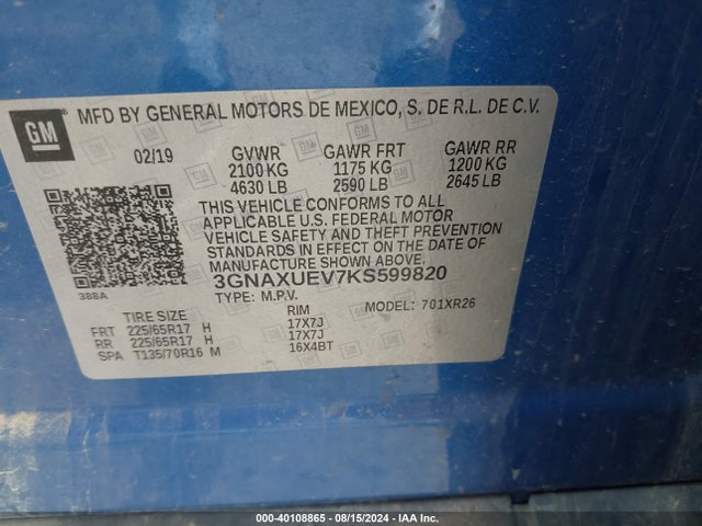 3GNAXUEV7KS599820 Chevrolet EQUINOX LT