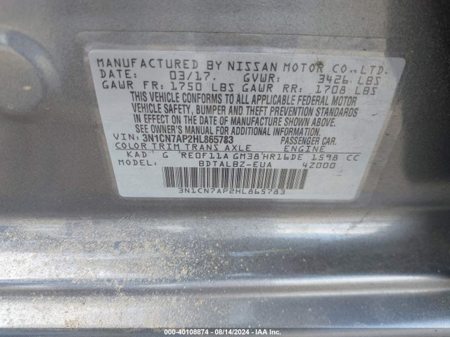 Nissan Versa 1.6 Sv 2017 3N1CN7AP2HL865783 Image 9