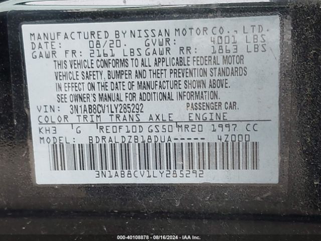 3N1AB8CV1LY285292 Nissan Sentra Sv Xtronic Cvt