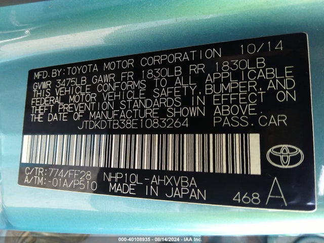 JTDKDTB38E1083264 Toyota Prius C Two