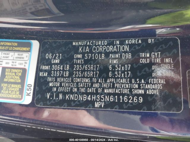 KNDNB4H35N6116269 KIA Carnival Mpv Lx Seat Package