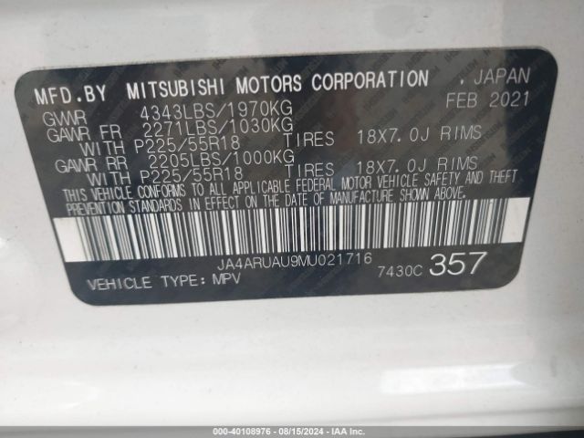 JA4ARUAU9MU021716 Mitsubishi Outlander Sport 2.0 Be Awc/2.0 Es Awc/2.0 Le Awc/2.0 Se Awc