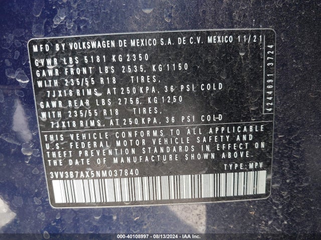 3VV3B7AX5NM037840 Volkswagen Tiguan 2.0t Se