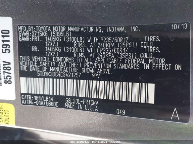 5TDYK3DC4ES421257 Toyota Sienna Xle V6 8 Passenger