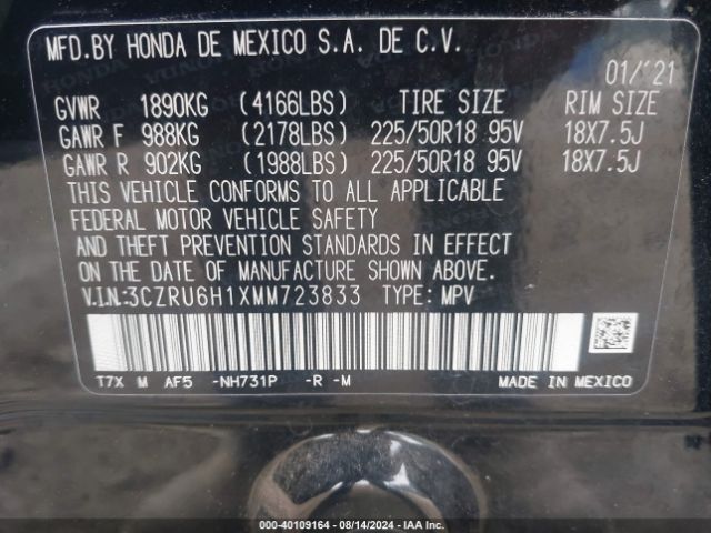 3CZRU6H1XMM723833 Honda Hr-v Awd Sport