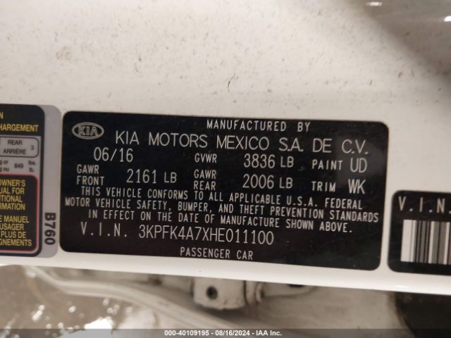 3KPFK4A7XHE011100 KIA FORTE LX