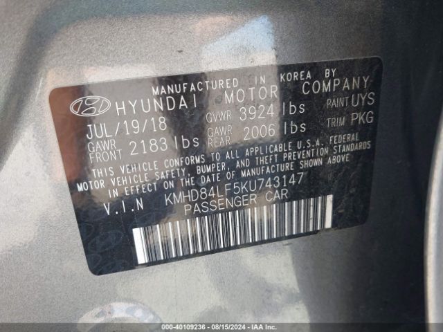 KMHD84LF5KU743147 Hyundai ELANTRA SEL
