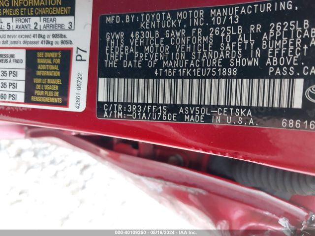 4T1BF1FK1EU751898 Toyota CAMRY SE
