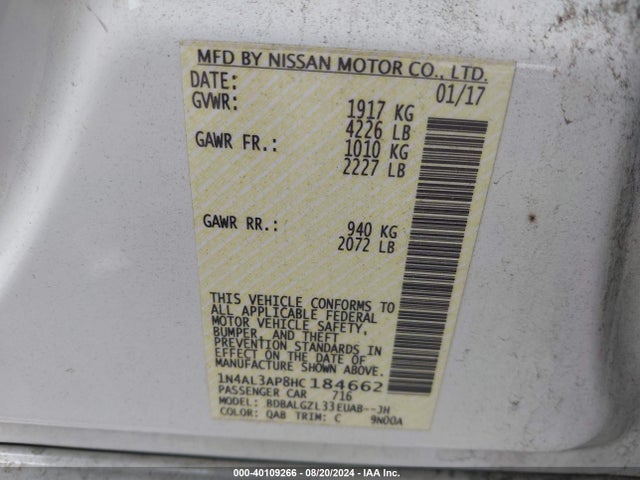 Nissan Altima 2.5 S 2017 1N4AL3AP8HC184662 Image 9