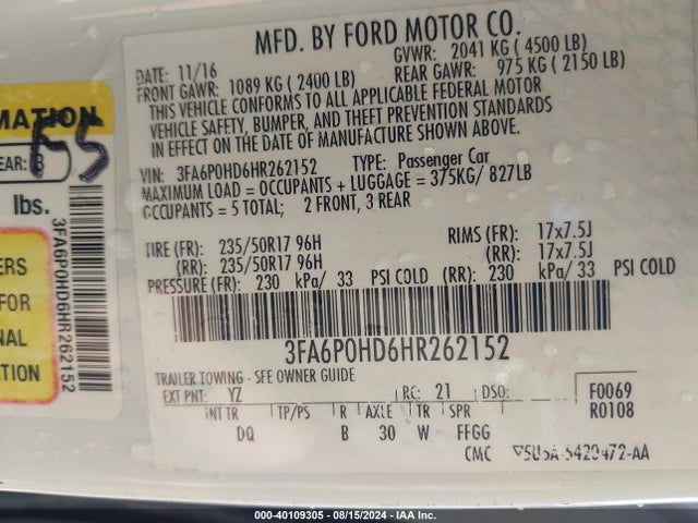 Ford FUSION SE 2017 3FA6P0HD6HR262152 Image 9