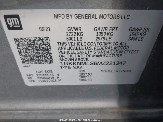 1GKKNMLS6MZ221347 GMC Acadia Fwd Slt