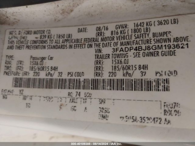 3FADP4BJ8GM193621 Ford FIESTA SE