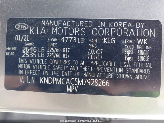 KNDPMCAC5M7928266 KIA Sportage Lx