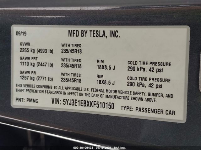 5YJ3E1EBXKF510150 Tesla Model 3 Long Range/performance