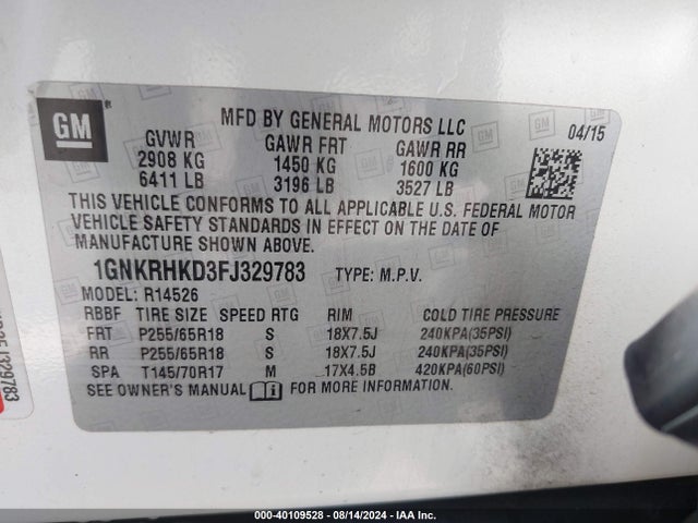 Chevrolet Traverse 2lt 2015 1GNKRHKD3FJ329783 Image 9