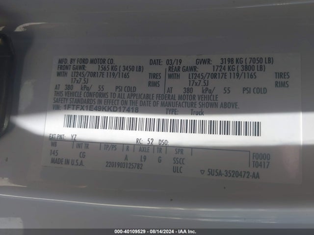 Ford F-150 Xl 2019 1FTFX1E49KKD17418 Image 9