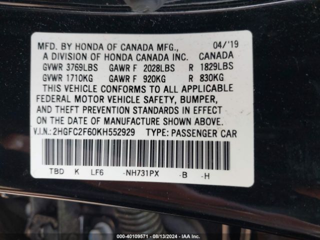 2HGFC2F60KH552929 Honda Civic Lx