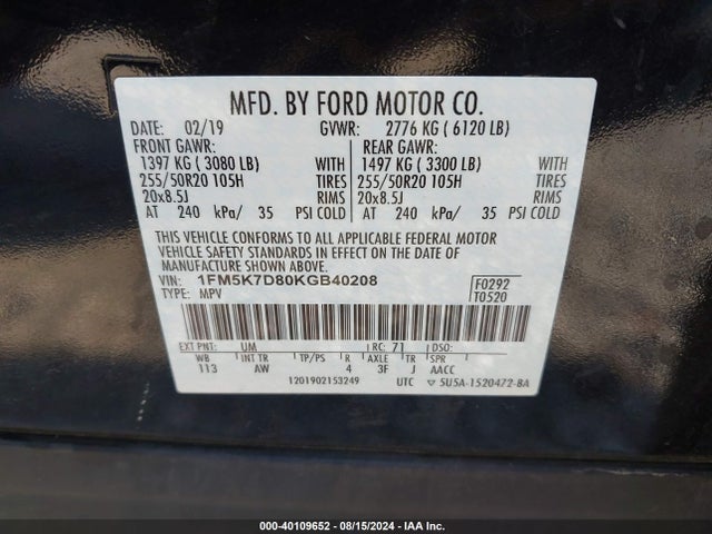 Aukcja sprzedaży 2019 Ford Explorer Xlt, vin: 1FM5K7D80KGB40208, numer aukcji: 40109652