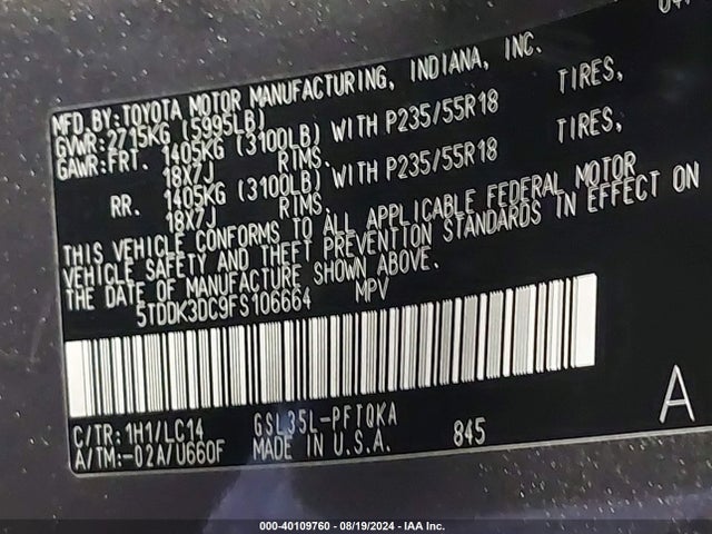 Toyota Sienna Xle 7 Passenger 2015 5TDDK3DC9FS106664 Image 9