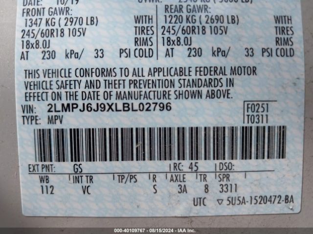 2LMPJ6J9XLBL02796 Lincoln Nautilus Standard