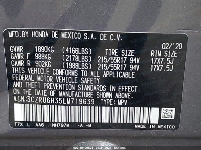 3CZRU6H35LM719639 Honda Hr-v Awd Lx
