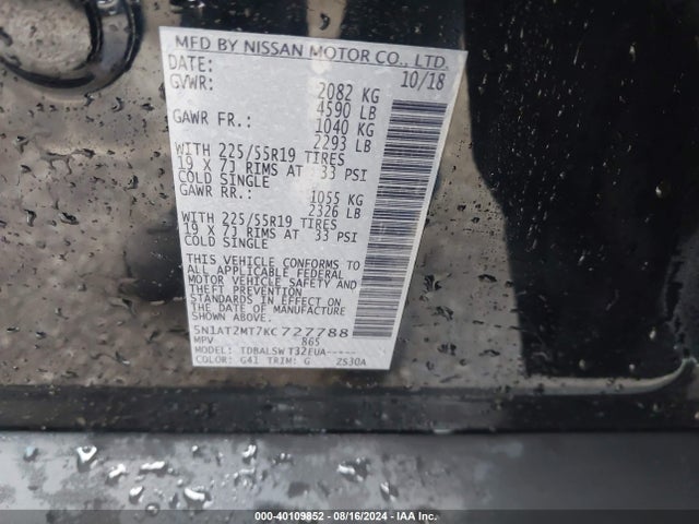 Nissan Rogue Sl 2019 5N1AT2MT7KC727788 Image 9