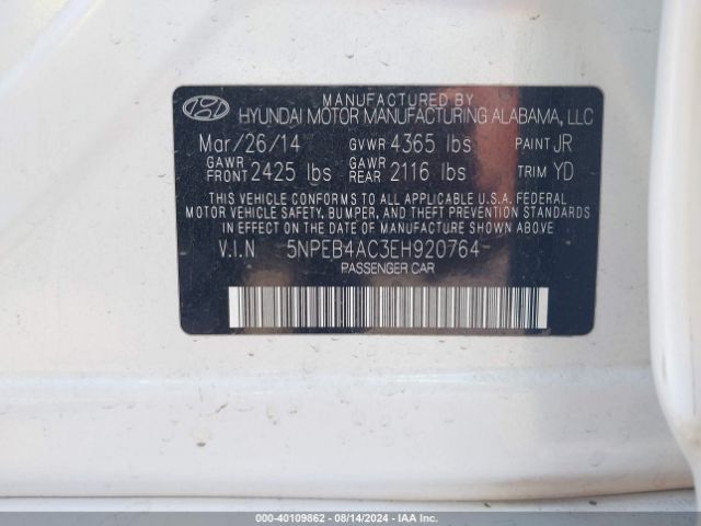 5NPEB4AC3EH920764 Hyundai SONATA GLS