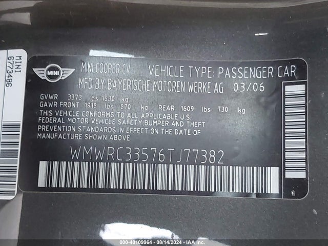 2006 MINI COOPER WMWRC33576TJ77382 Photo 8