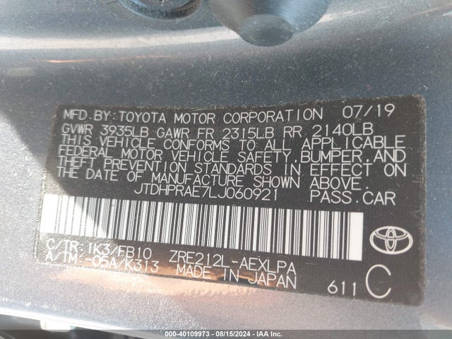 Toyota COROLLA LE 2020 JTDHPRAE7LJ060921 Image 9