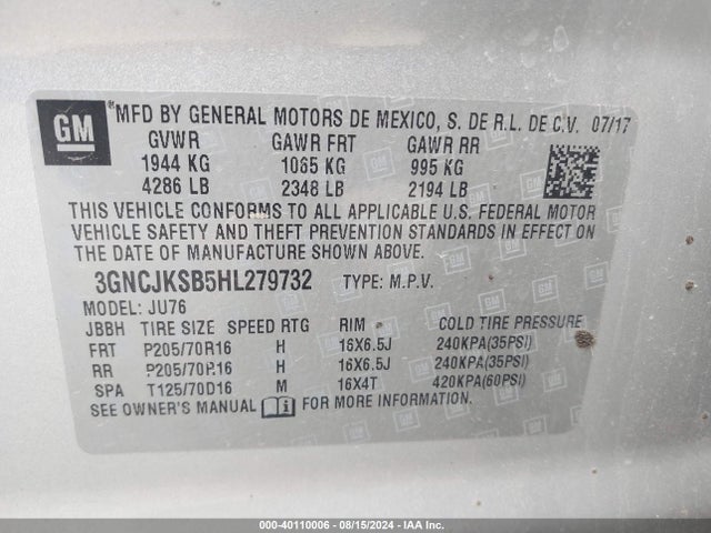 Chevrolet TRAX LS 2017 3GNCJKSB5HL279732 Image 9