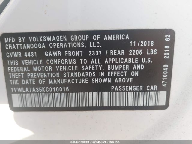 1VWLA7A35KC010016 Volkswagen Passat 2.0t Wolfsburg Edition