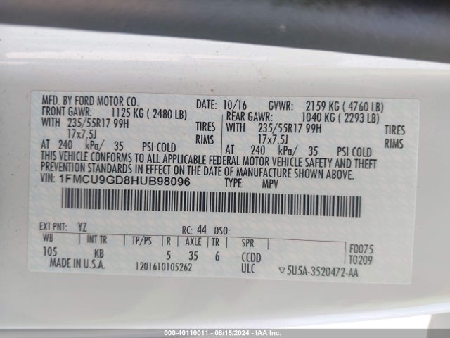 Ford ESCAPE SE 2017 1FMCU9GD8HUB98096 Image 9