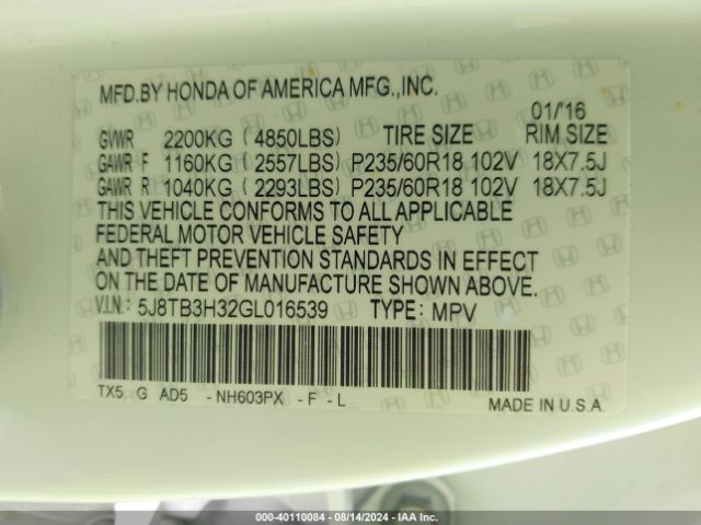 5J8TB3H32GL016539 Acura Rdx Acurawatch Plus Pkg