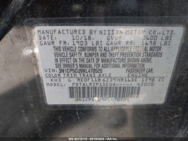 3N1CP5CU9KL470525 Nissan KICKS S