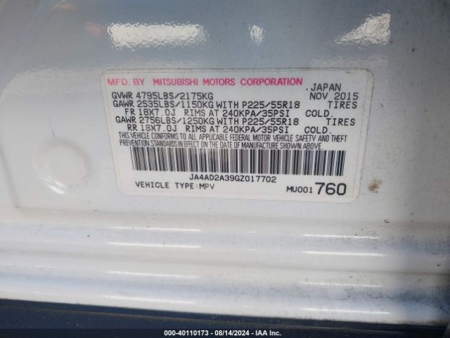 JA4AD2A39GZ017702 Mitsubishi Outlander Es