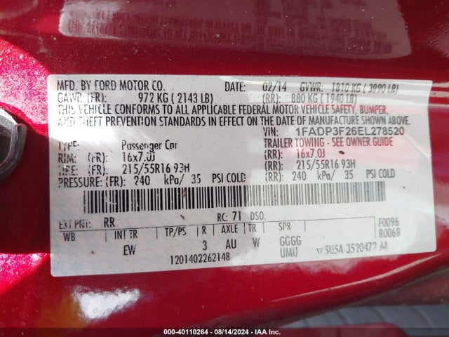 Ford FOCUS SE 2014 1FADP3F26EL278520 Image 9