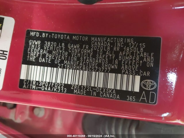 Toyota Corolla S W/special Edition Pkg 2016 2T1BURHE8GC573777 Image 9
